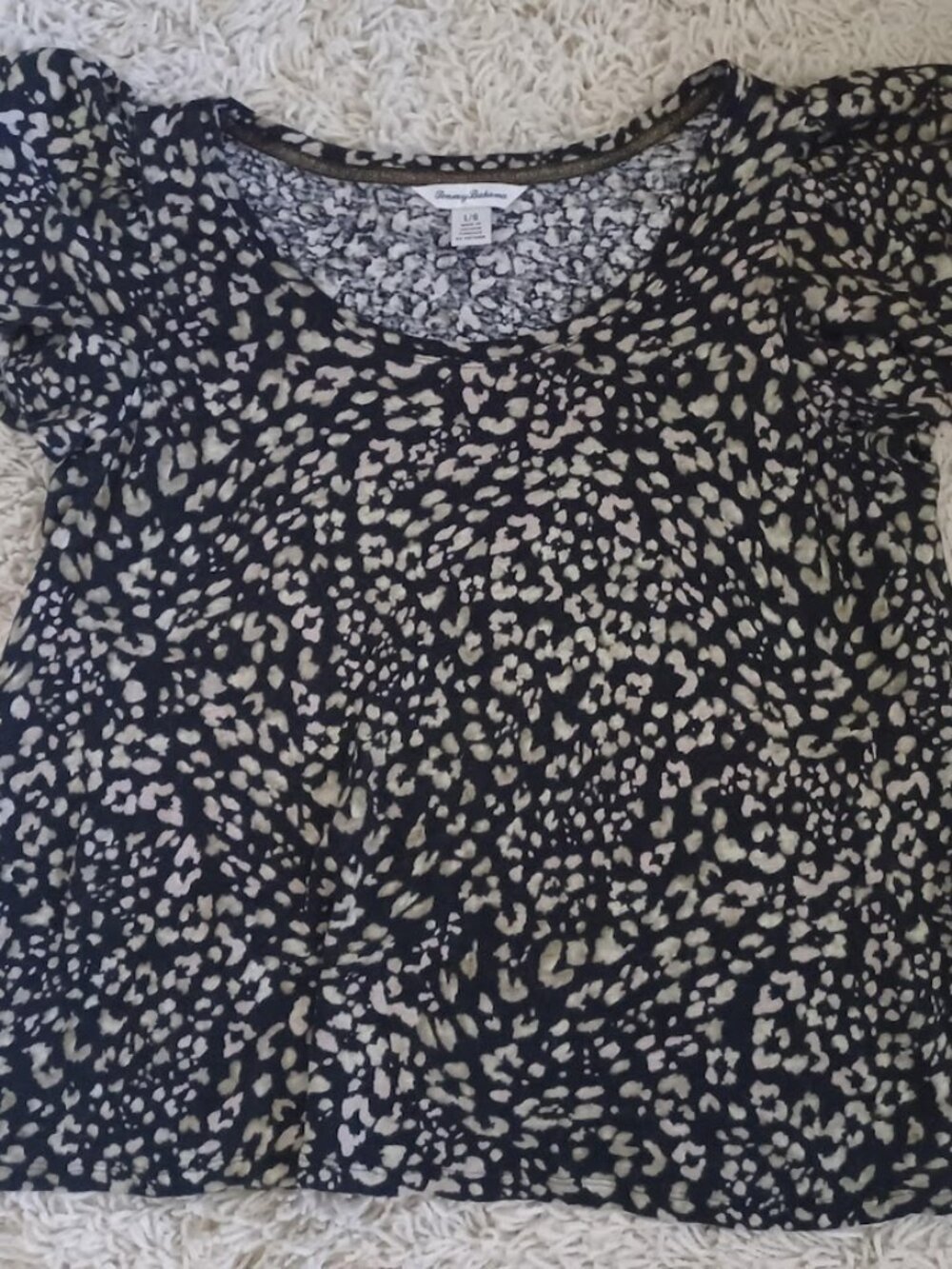 Tommy Bahama Womens L 100% Linen Animal Leopard Print Puff Sleeve Blouse Top